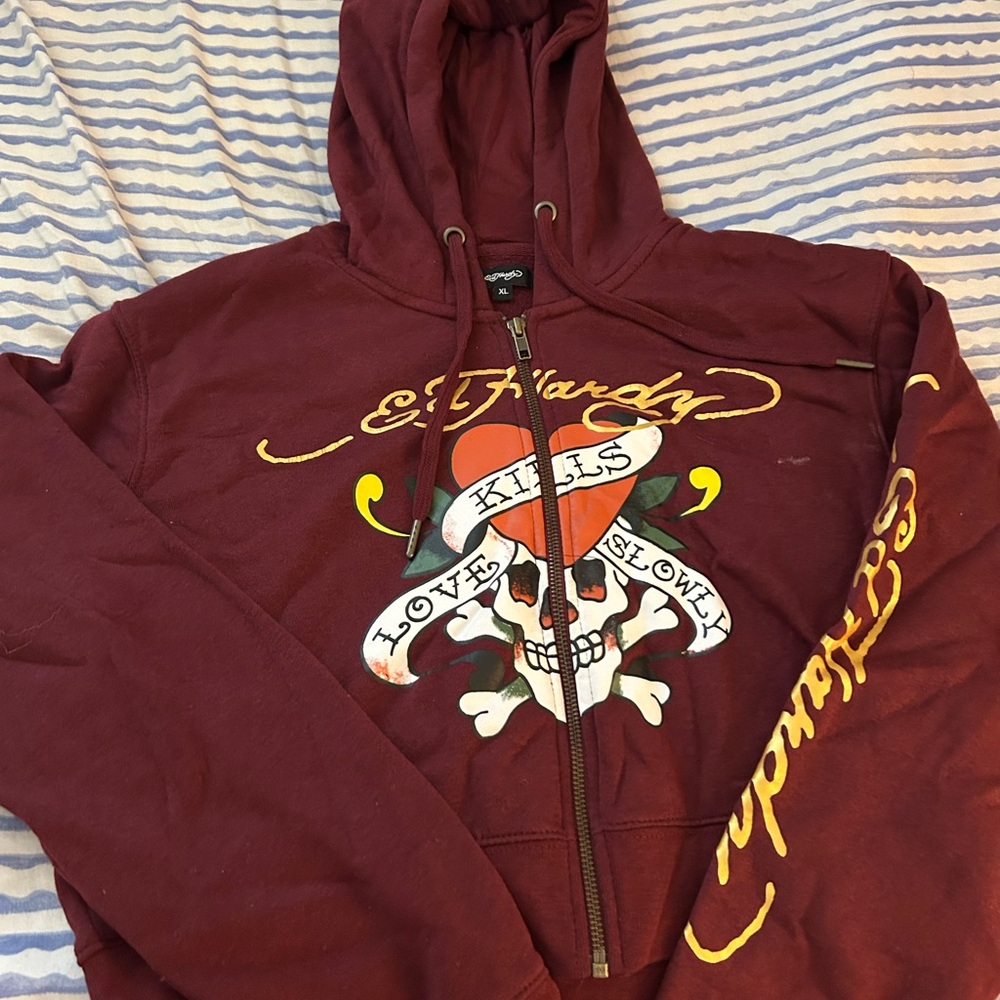 Ed Hardy Burgundy Hoodie with Skull and Banner